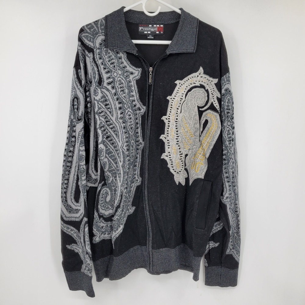 Royal Prestige Mens 3XL Black Grey Paisley Full Zip Knit Sweater Y2K Streetwear